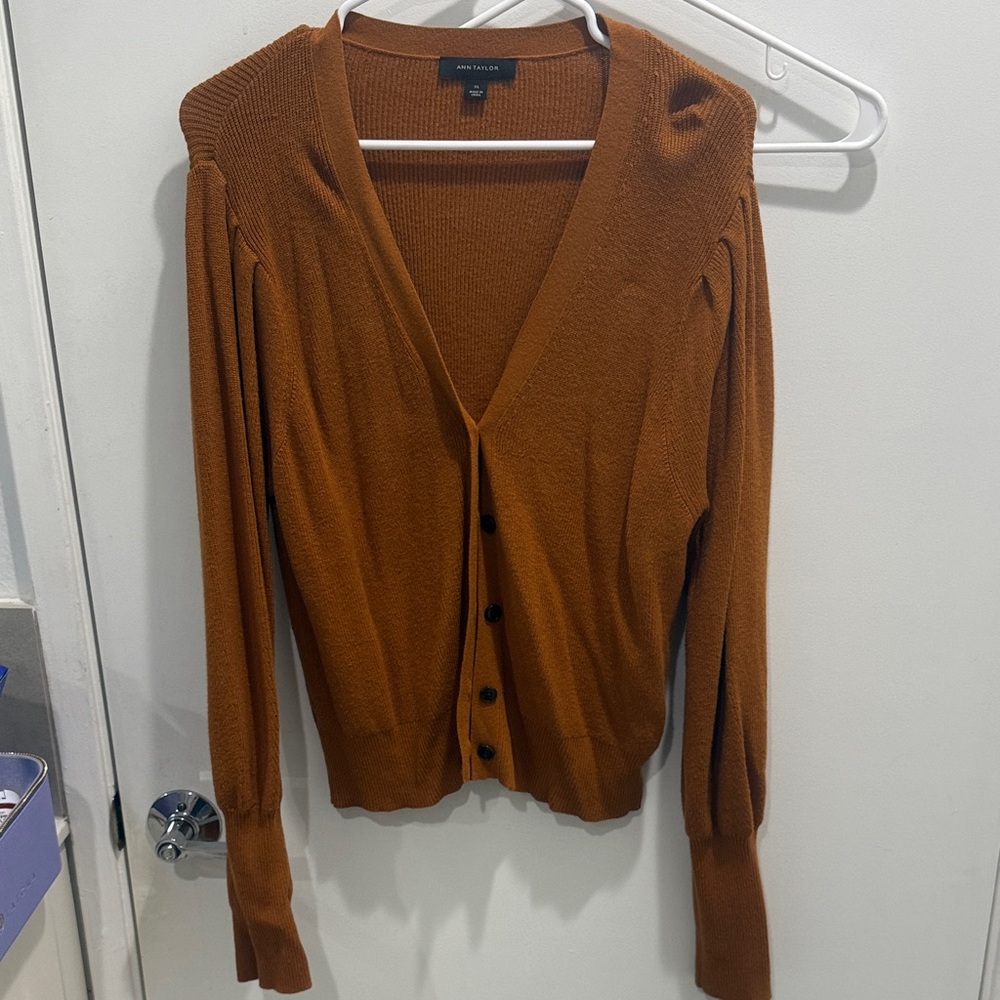 Ann Taylor Burnt Orange Button-Front V-Neck Cardigan